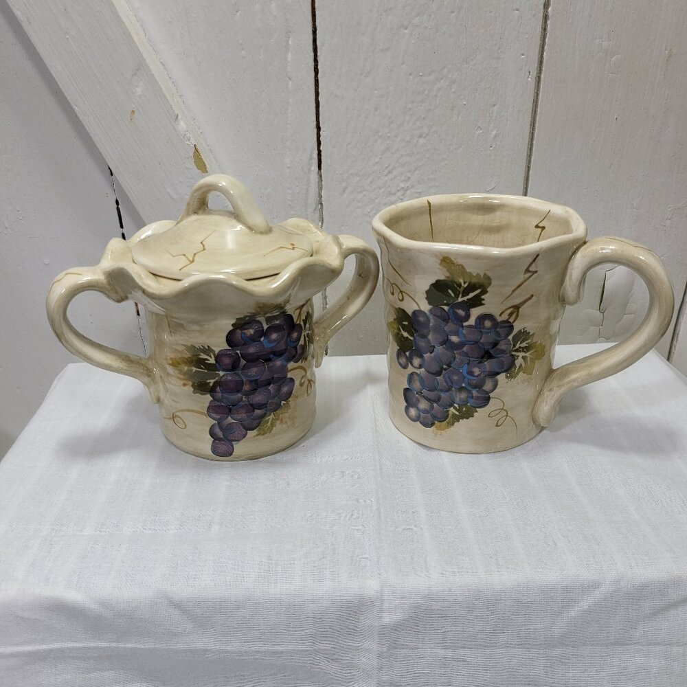 TableTops Unlimited "Cabernet" Sugar Bowl w/lid and Mug Hand Painted Grapes (3)